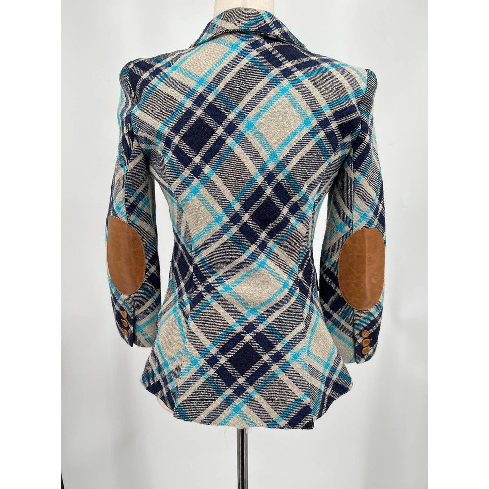 Smythe Plaid Blazer in Navy, Teal & Cream with Leather Elbow Patches - Picture 9 of 15